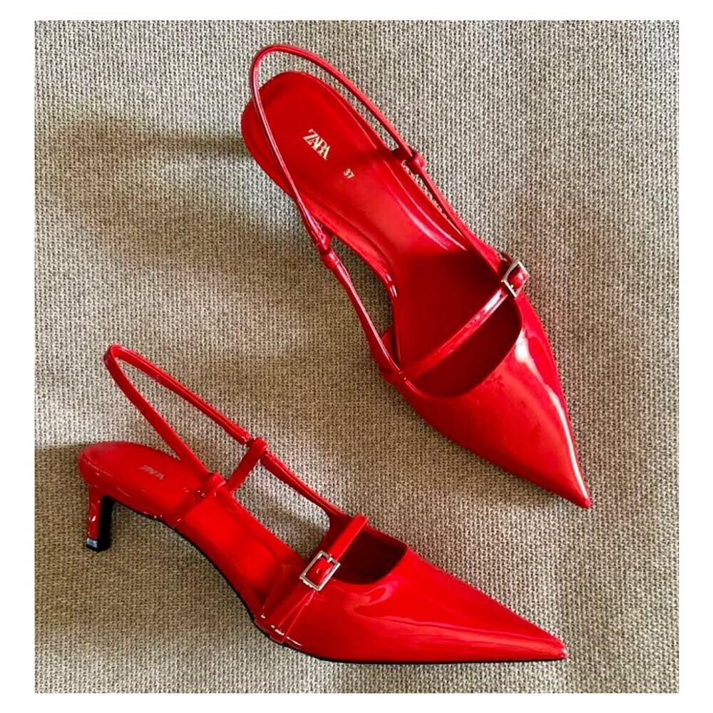 Zara NWT Red Patent Pointed Toe Slingback Kitten Heels 7.5